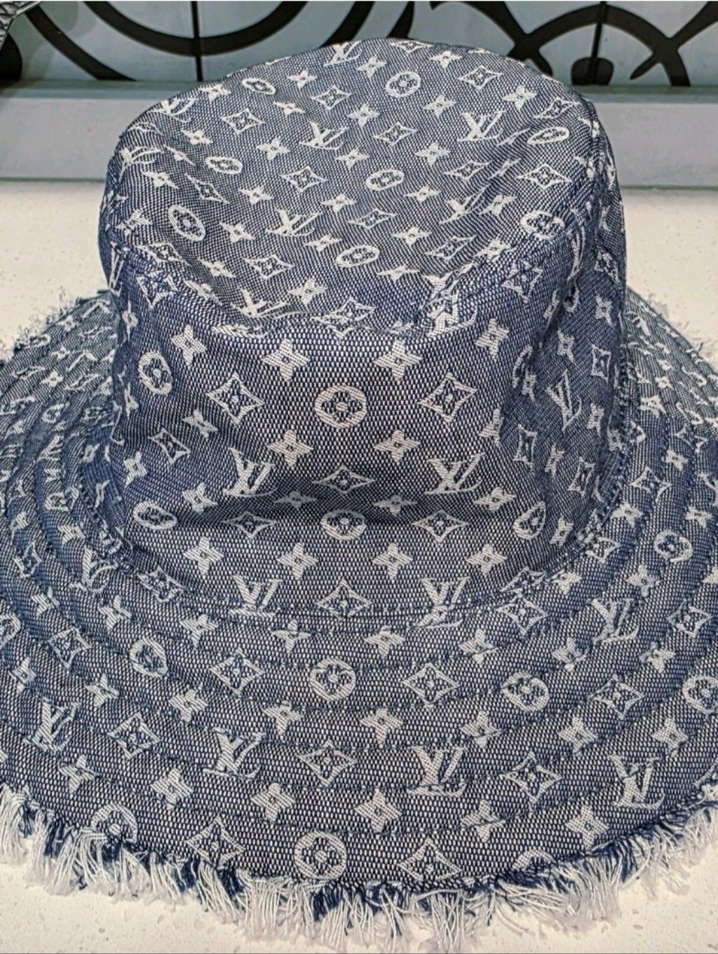Nwot Louis Vuitton Mono Denim Bucket Bobbygram Wide Brim Frayed Hat M76530 Sz S